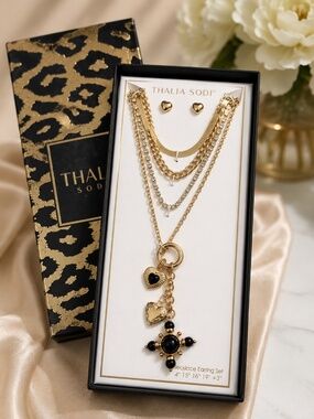 Talia Sodi Gold Tone Layered Necklace Heart Locket Cross Pendant Stud Earrings